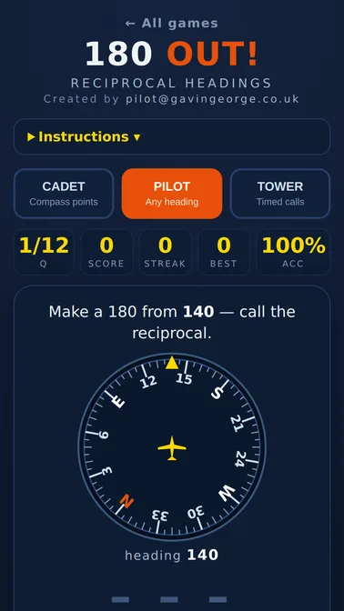 180 OUT! reciprocal headings game with live compass